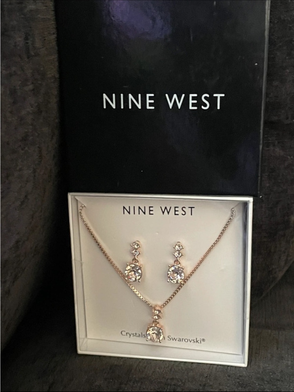 Nine West Rose Gold Crystal Pendant Necklace and Earrings Set
